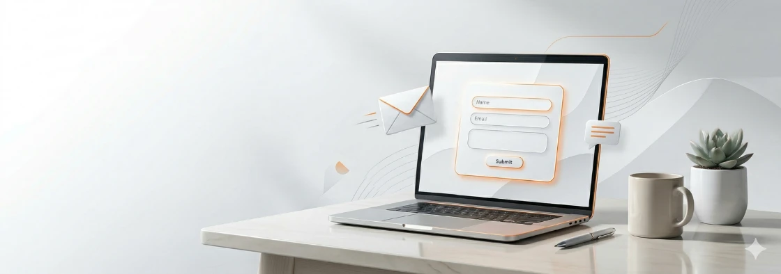 Clean workspace scene with laptop and contact-focused website review elements
