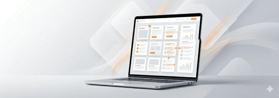 Abstract website optimization scene with laptop, structured page layouts, and orange accent lines