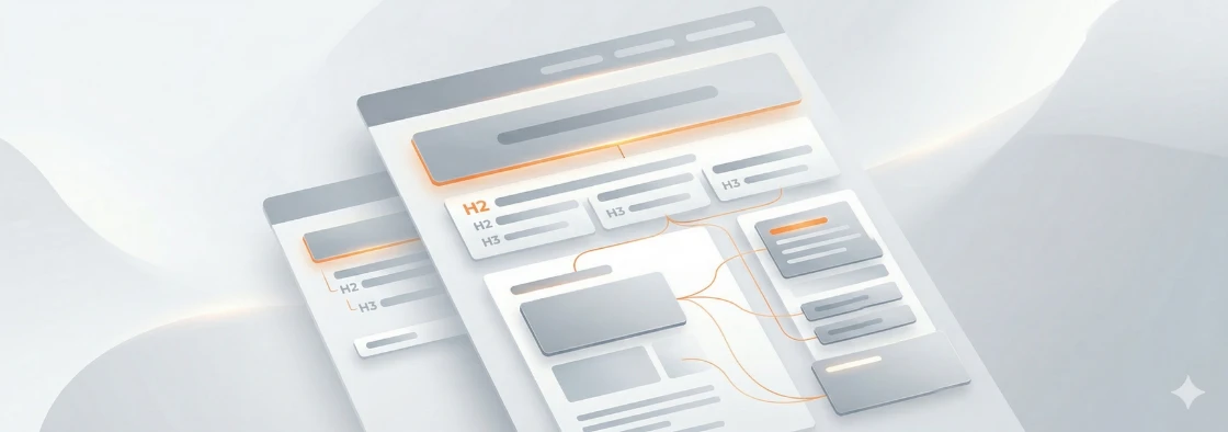 Abstract webpage structure showing headings, content sections, and internal link connections