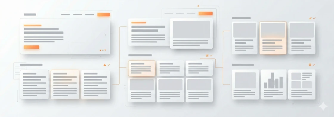 Clean content layout with editorial page blocks and orange accents for SEO content writing