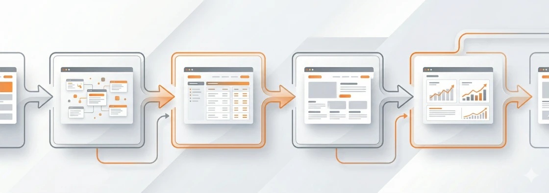 Step-by-step SEO workflow graphic with connected page improvement stages